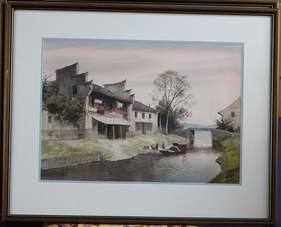 Chinese School Boatmen and house beside a river 14 x 20in.